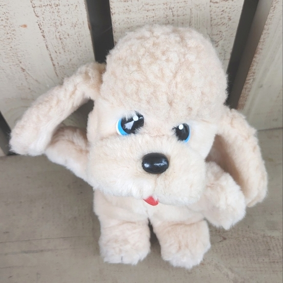 Vintage 1985 Marchon Cream Plush Poodle Puppy 9" Soft Toy Blue Eyes Floppy Ears - Picture 9 of 12